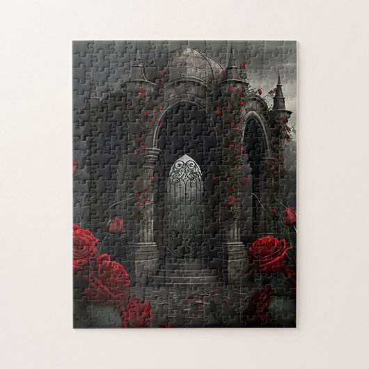 Gothic Friedhof Gazebo mit Rote Rosen bei Nacht Puzzle (Vertikal)