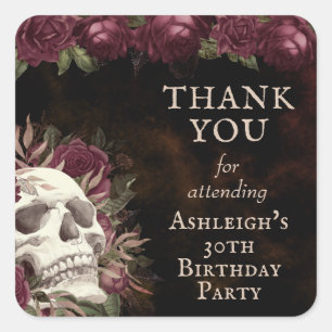 Gothic Geburtstag Totenkopf Rosen DANKE Quadratischer Aufkleber
