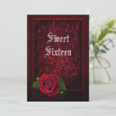 Gothic Gerahmt Damask & Rote Rose Sweet 16 Einladung (Stehend Vorderseite)