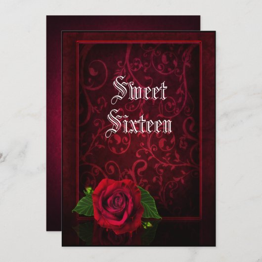 Gothic Gerahmt Damask & Rote Rose Sweet 16 Einladung (Vorne/Hinten)