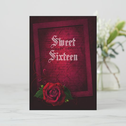 Gothic Gerahmt Letter & Rote Rose Sweet 16 Einladung (Stehend Vorderseite)