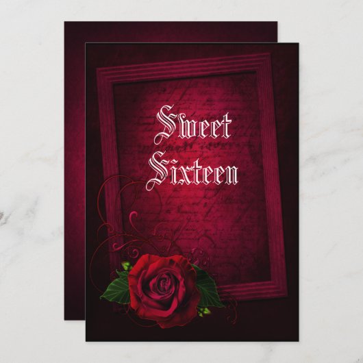 Gothic Gerahmt Letter & Rote Rose Sweet 16 Einladung (Vorne/Hinten)