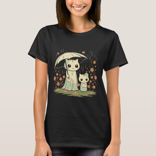 Gothic Ghost Cat Mutter mit einem Regenschirm unte T-Shirt (Vorderseite)