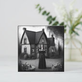 Gothic Girl and Spuk House Halloween Einladung (Stehend Vorderseite)