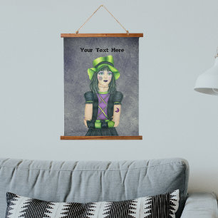 Gothic Girl Green Hat Black Lila Dress Grau Wandteppich Mit Holzrahmen
