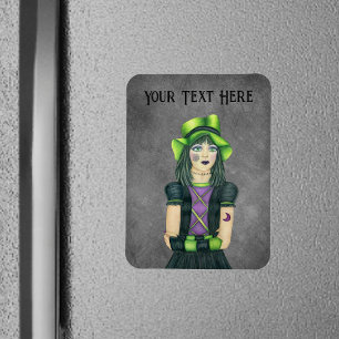 Gothic Girl Green Hat Tattoos Gloves auf Grau Magnet