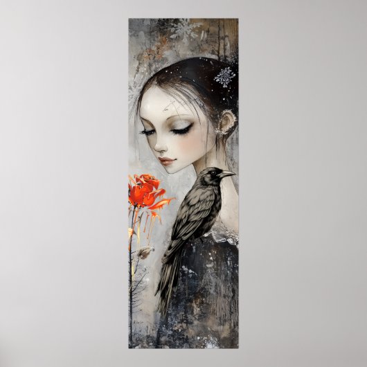 Gothic Girl Raven Rote Rose Poster (Vorne)