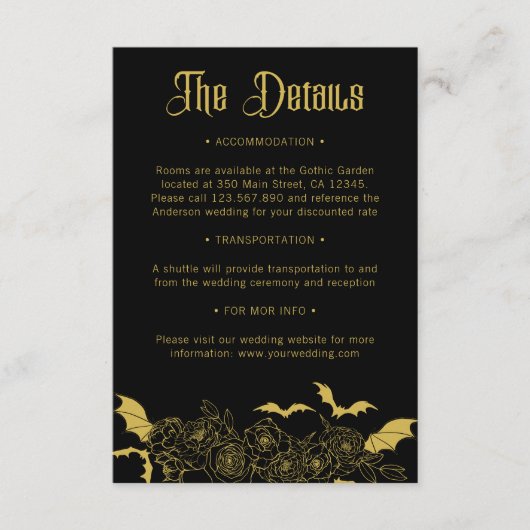 Gothic Glam Black Gold Hochzeitsdetails Begleitkarte (Vorderseite)