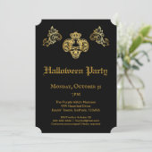 Gothic Glam Black & Gold Skull Halloween-Party Einladung (Stehend Vorderseite)