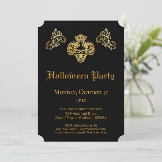 Gothic Glam Black & Gold Skull Halloween-Party Einladung (Stehend Vorderseite)