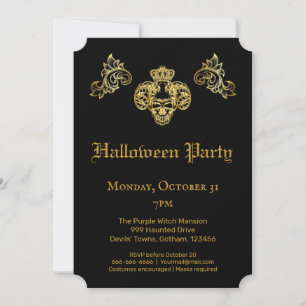Gothic Glam Black & Gold Skull Halloween-Party Einladung
