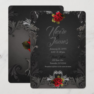 Gothic Glamour Rote Rose Black Ornamental Wedding Einladung