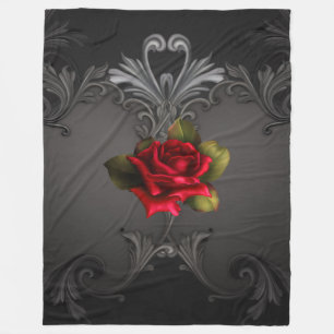 Gothic Glamour Rote Rose Schwarze Ornamente Glam Fleecedecke