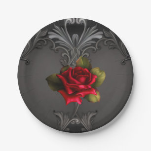 Gothic Glamour Rote Rose Schwarzer Ornamental Glam Pappteller