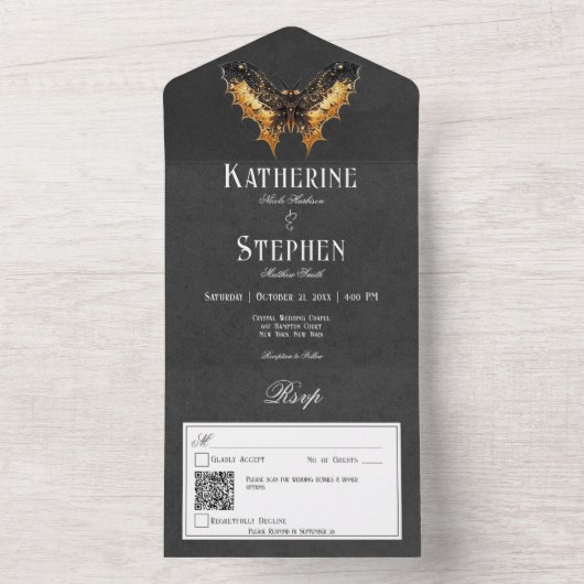 Gothic Gold & Black Moth QR Code All In One Einladung (Innen Boden)