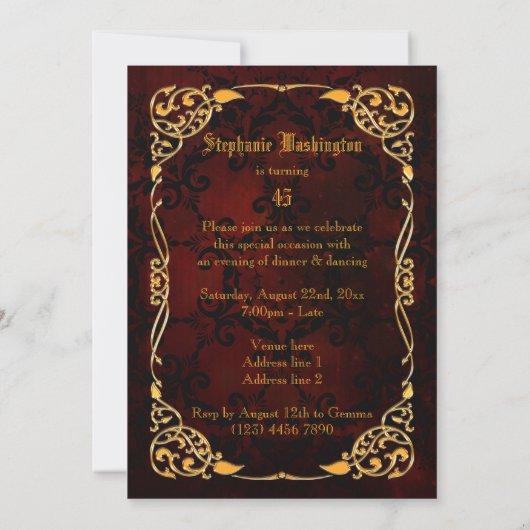 Gothic Gold Gerahmt 45. Geburtstag Einladung (Rückseite)