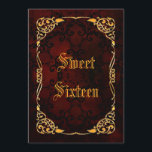 Gothic Gold Gerahmt Sweet 16 Einladung<br><div class="desc">Elegante personalisierte / personalisierte maßgeschneiderte Gotik 16 . Geburtstag / Sweet 16 Geburtstagsfeier Einladungen für Mädchen. Mit einem schönen goldenen Rahmen aus verzierten Wirbel und einem atemberaubenden schwarzen Damast-Muster auf einem dekorativen, dunkelroten Grunge-Hintergrund. Die Rückseite dieses coolen gotischen Geburtstags laden zum Verweilen ein und haben das gleiche Design mit genügend...</div>
