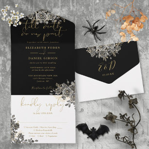 Gothic Goldene und schwarze Rosen Florale Hochzeit All In One Einladung