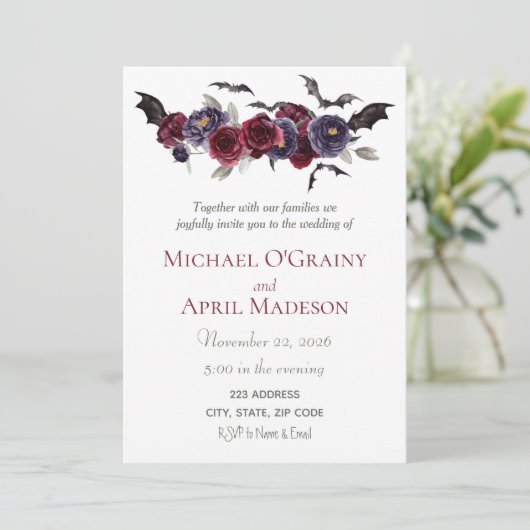 Gothic Goth Bats Dunkle Einladung Hochzeit (Stehend Vorderseite)