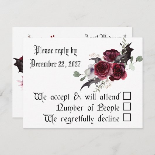 Gothic Goth Bats Dunkle Einladung Hochzeit RSVP (Vorne/Hinten)