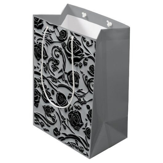 Gothic Graveyard Black Rose Muster Mittlere Geschenktüte (Rückseite Schrägansicht)
