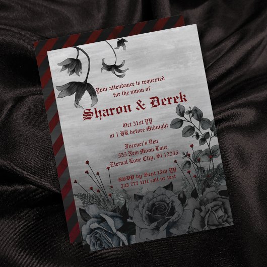 Gothic Gray Black Floral Red Lettering Wedding Einladung