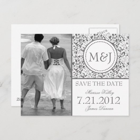 Gothic Gray on White Blühte Save the Date Ankündigungspostkarte (Vorne/Hinten)