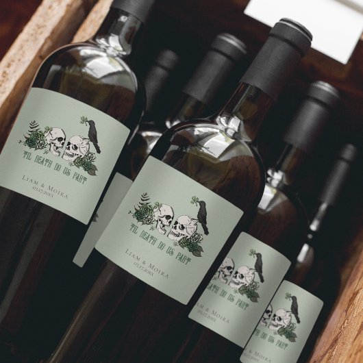 Gothic Green Til Death Irish Wedding Floral Skull Weinetikett