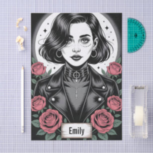 Gothic Grunge Mädchen Illustration mit Bikerjacke Seidenpapier