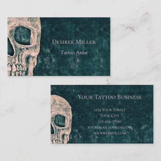 Gothic Half Skull Aquamarin Green Beige Tattoo Art Visitenkarte (Vorne/Hinten)