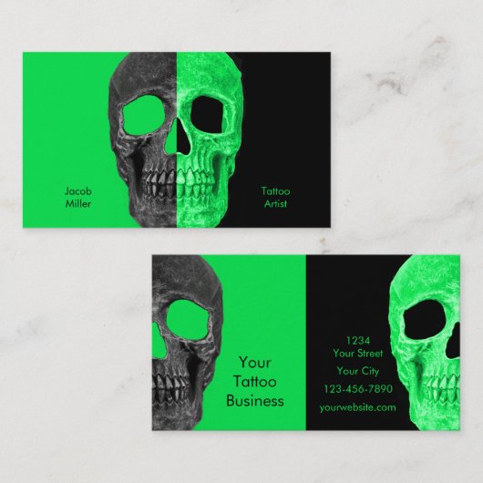 Gothic Half Skull Black Neon Green Tattoo Shop Visitenkarte (Vorne/Hinten)