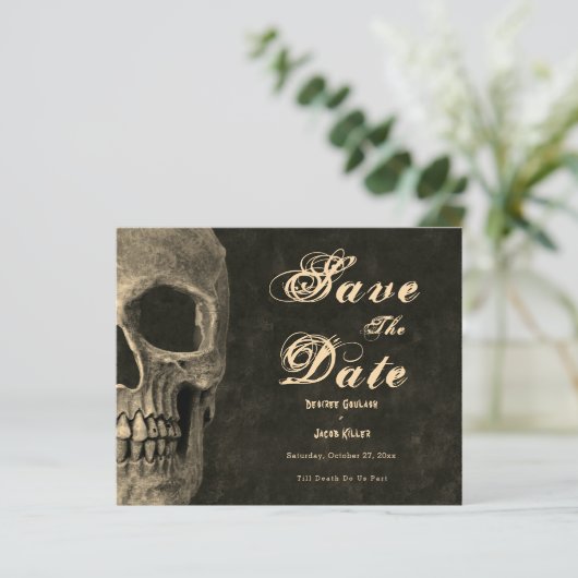 Gothic Half Skull Sepia Save the Date (Stehend Vorderseite)