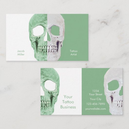 Gothic Half Skulls Pastel Green White Tattoo Shop Visitenkarte (Vorne/Hinten)