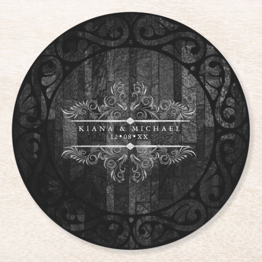 Gothic Hallowedding Scrollwork B&W ID866 Runder Pappuntersetzer (Vorderseite)