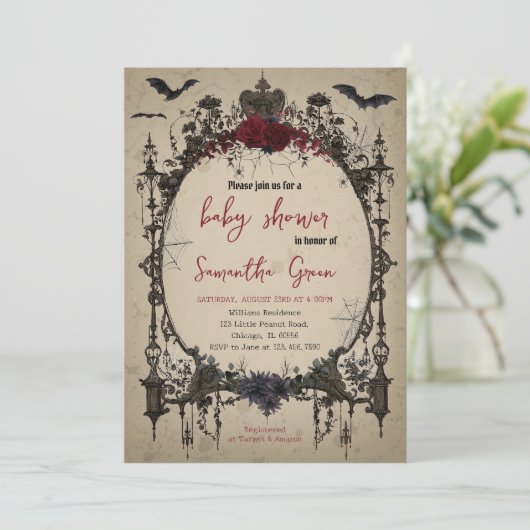 Gothic Halloween Baby Shower Einladung (Stehend Vorderseite)