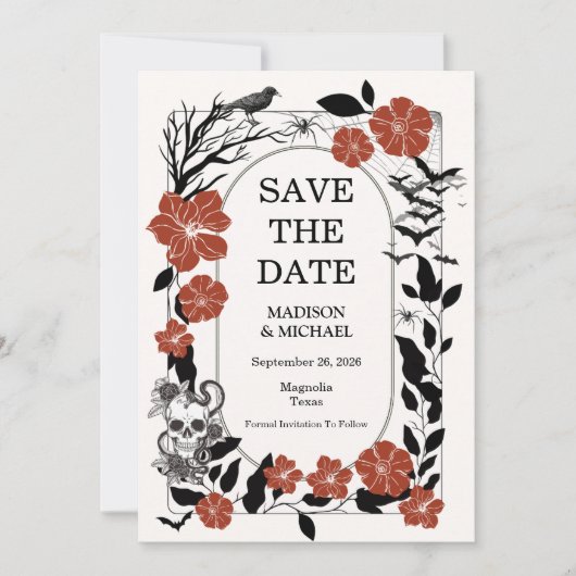 Gothic Halloween Black and Burgund Wedding Save The Date (Vorderseite)