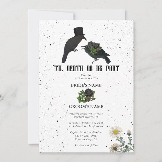 Gothic Halloween Black Rose Crows Wedding Einladung (Vorderseite)