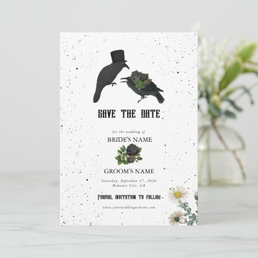 Gothic Halloween Black Rose Crows Wedding Save The Date (Stehend Vorderseite)