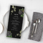 Gothic Halloween Black Rose Hochzeit Menükarte<br><div class="desc">Ein gotisches Halloween-Drehbuch Hochzeitsdesign mit schwarzen Rose und hängenden Weinreben. Ein Halloween-Design,  das schwarze und dunkle botanische Blumen und Vintage Schriftzeichen-Kalligraphie-Typografie verwendet. Ein stilvolles Gotisches Design,  ideal für Halloween Hochzeitsthemen. Ein einzigartiges Hochzeitsmenü der schwarzen Rose. Auch die passenden Hochzeitseinladungen und andere Schreibwaren sind verfügbar.</div>
