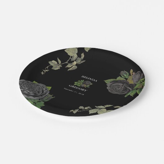 Gothic Halloween Black Rose Hochzeit Pappteller (Schrägansicht)