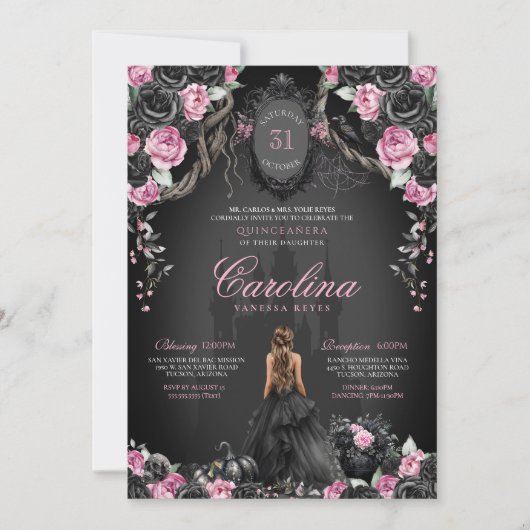 Gothic Halloween Black Rose Pink Quinceañera Einladung (Vorderseite)