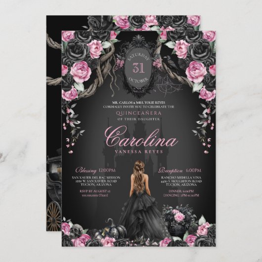 Gothic Halloween Black Rose Pink Quinceañera Einladung (Vorne/Hinten)