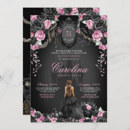 Gothic Halloween Black Rose Pink Quinceañera Einladung