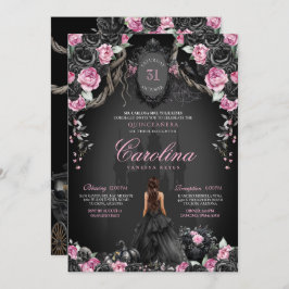 Gothic Halloween Black Rose & Pink Quinceañera Einladung