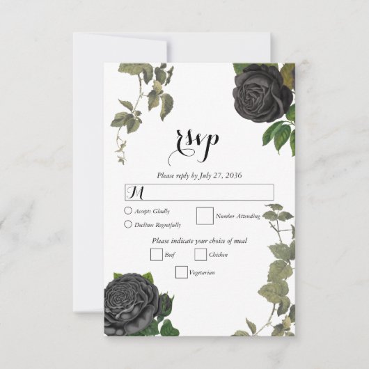 Gothic Halloween Black Rose White Wedding RSVP Karte (Vorderseite)