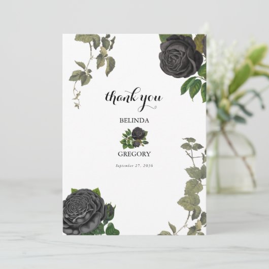 Gothic Halloween Black Roses White Wedding Dankeskarte (Stehend Vorderseite)