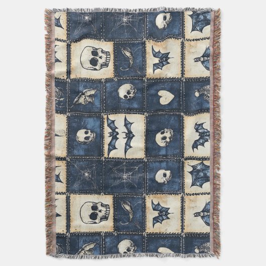 Gothic Halloween Denim Patchwork Pattern Decke (Vorderseite Vertikal)