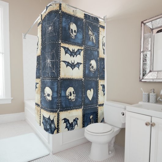Gothic Halloween Denim Patchwork Pattern Duschvorhang (Beispiel)