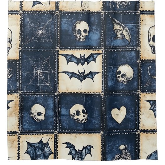 Gothic Halloween Denim Patchwork Pattern Duschvorhang (Vorderseite)