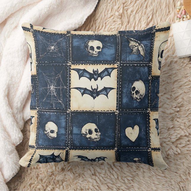 Gothic Halloween Denim Patchwork Pattern Kissen (Decke)